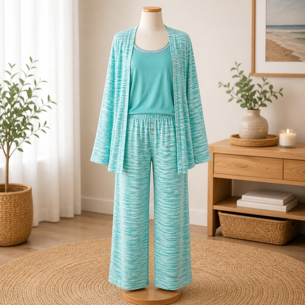 NWT Muk Luks Womens 3 Piece Pajama Set Teal Space Dye Tank Pants Cardigan‎ Large